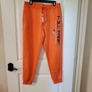 NWT Polo Sport Ralph Lauren Orange Fleece Sweatpants US Flag stripe log M $148